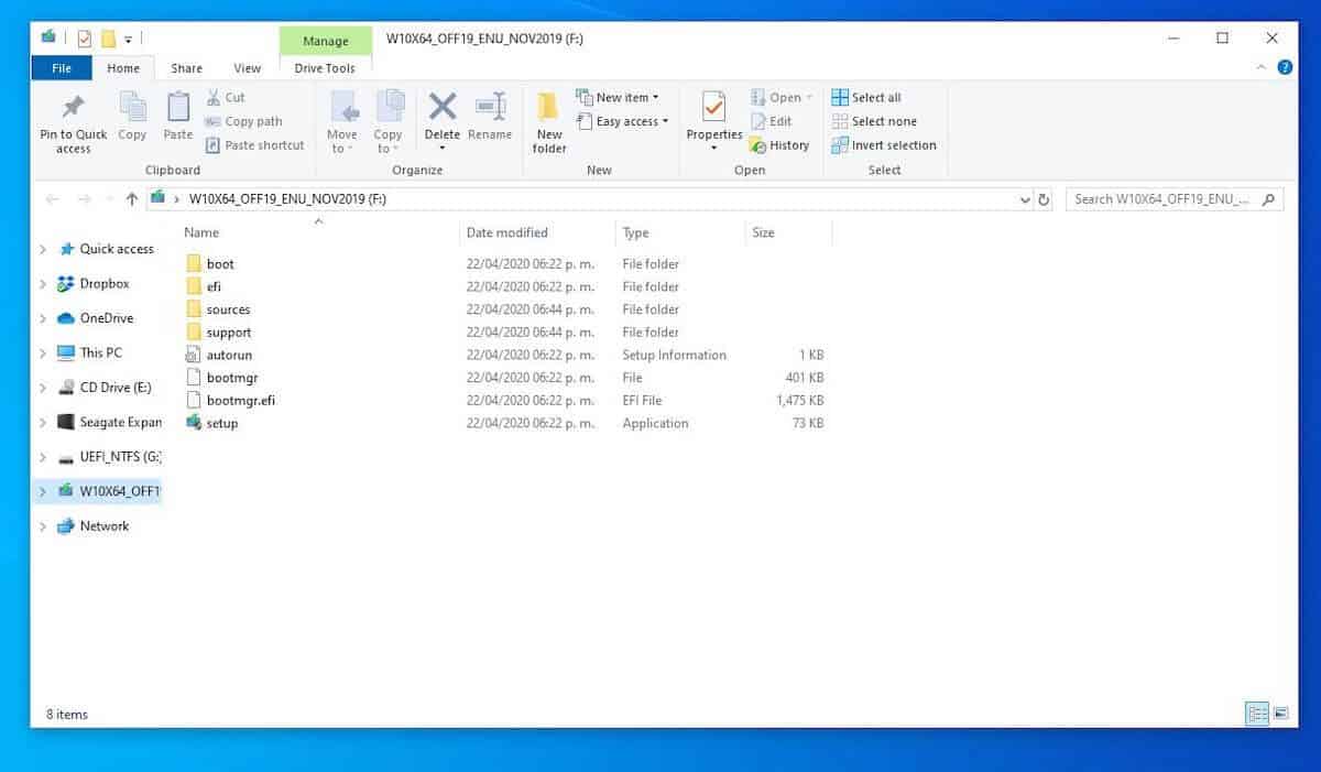 instalar windows 10 desde usb - archivos en usb booteable