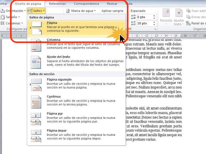 salto de pagina en word 2010